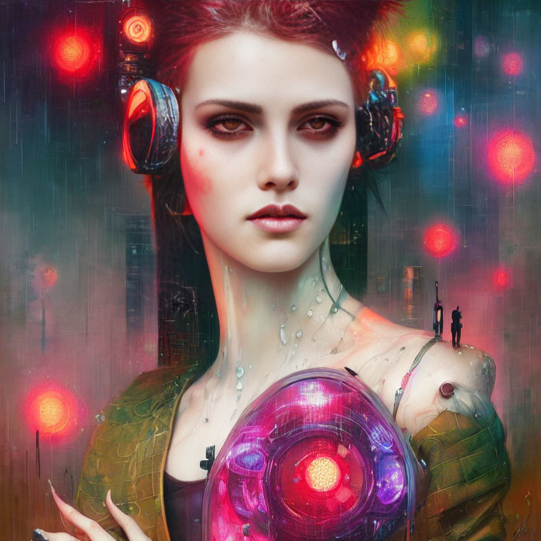 Futuristic portrait of a woman with cybernetic enhancements and red hair in neon-lit scene