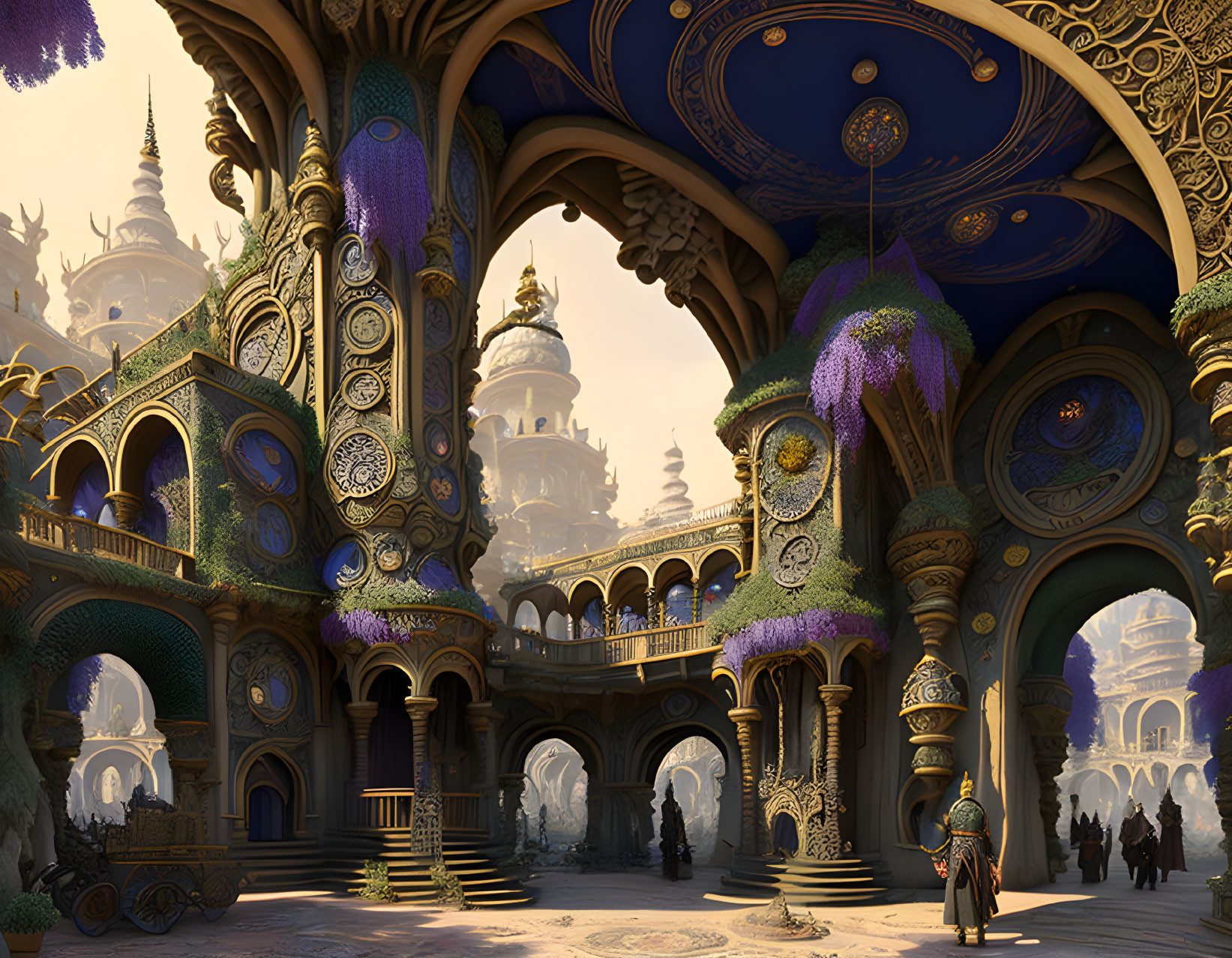 Ornate palace with arches, intricate patterns, hanging gardens, and lone figure.
