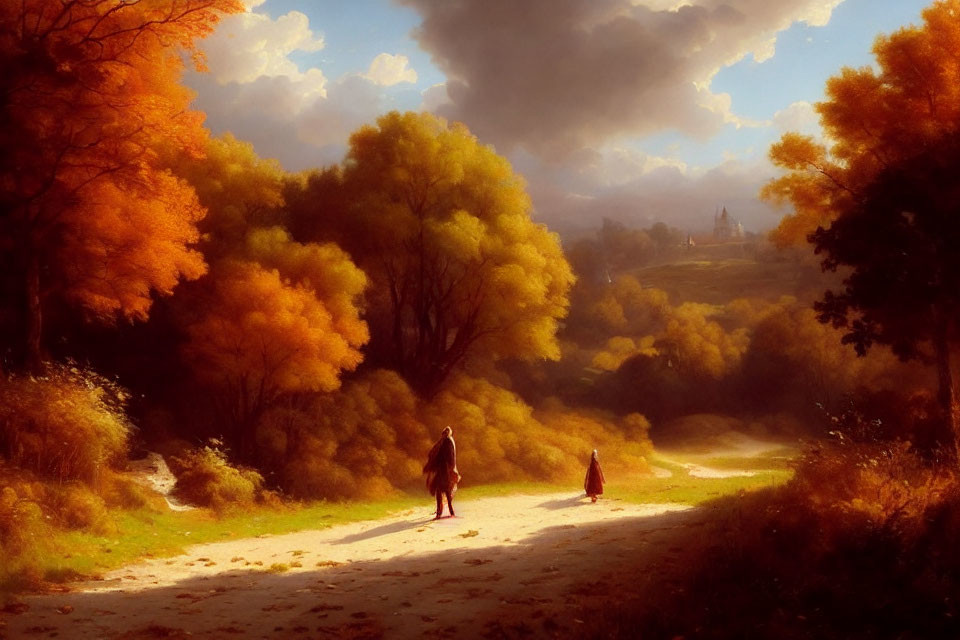 Vibrant autumn forest with two people walking on winding path