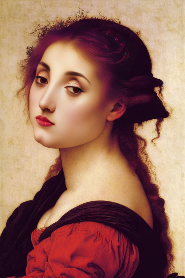 Portrait of Woman with Auburn Hair in Red Dress