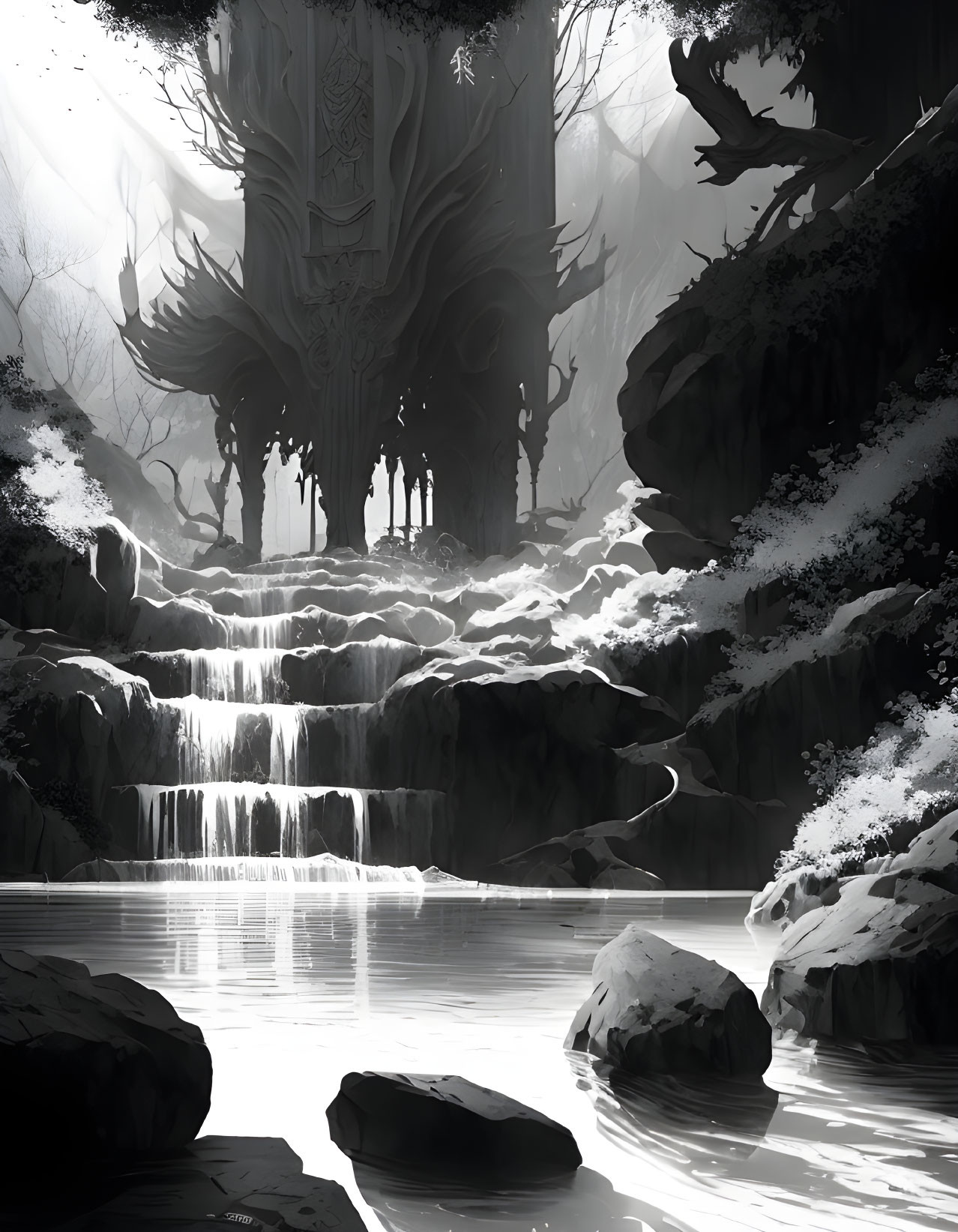 Mystical monochrome forest with waterfalls, serene pool, stone formations, and grand treehouse