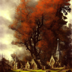 Vibrant orange tree over quaint village and church in autumn scene