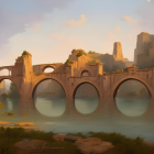 Majestic fantasy landscape with bridge, towers, castle, and cliffs