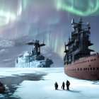 Historic sailing ships and a submarine frozen in ice under a colorful night sky.