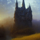 Stone castle in serene golden field with mountains in sunrise glow