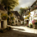 Medieval town square with people in period attire and half-timbered houses.