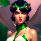 Colorful woman portrait with green headpiece, vibrant makeup, and butterfly ornaments.