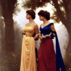 Two women in elegant historical dresses standing in serene forest landscape