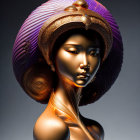 Golden-skinned woman in purple and gold headdress on gray background