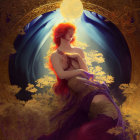 Fantasy illustration of woman with red hair in purple garments by golden mirror in enchanted forest