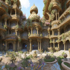 Detailed fantasy cityscape with ornate buildings and bustling figures.