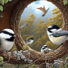 Whimsical illustration of four chickadees on branches in circular wood frame