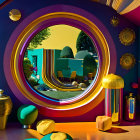 Colorful Abstract Room with Circular Doorways & Eclectic Decor