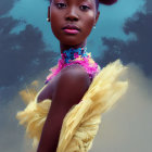 Elegant woman with afro hairstyle in gold dress and hoop earrings