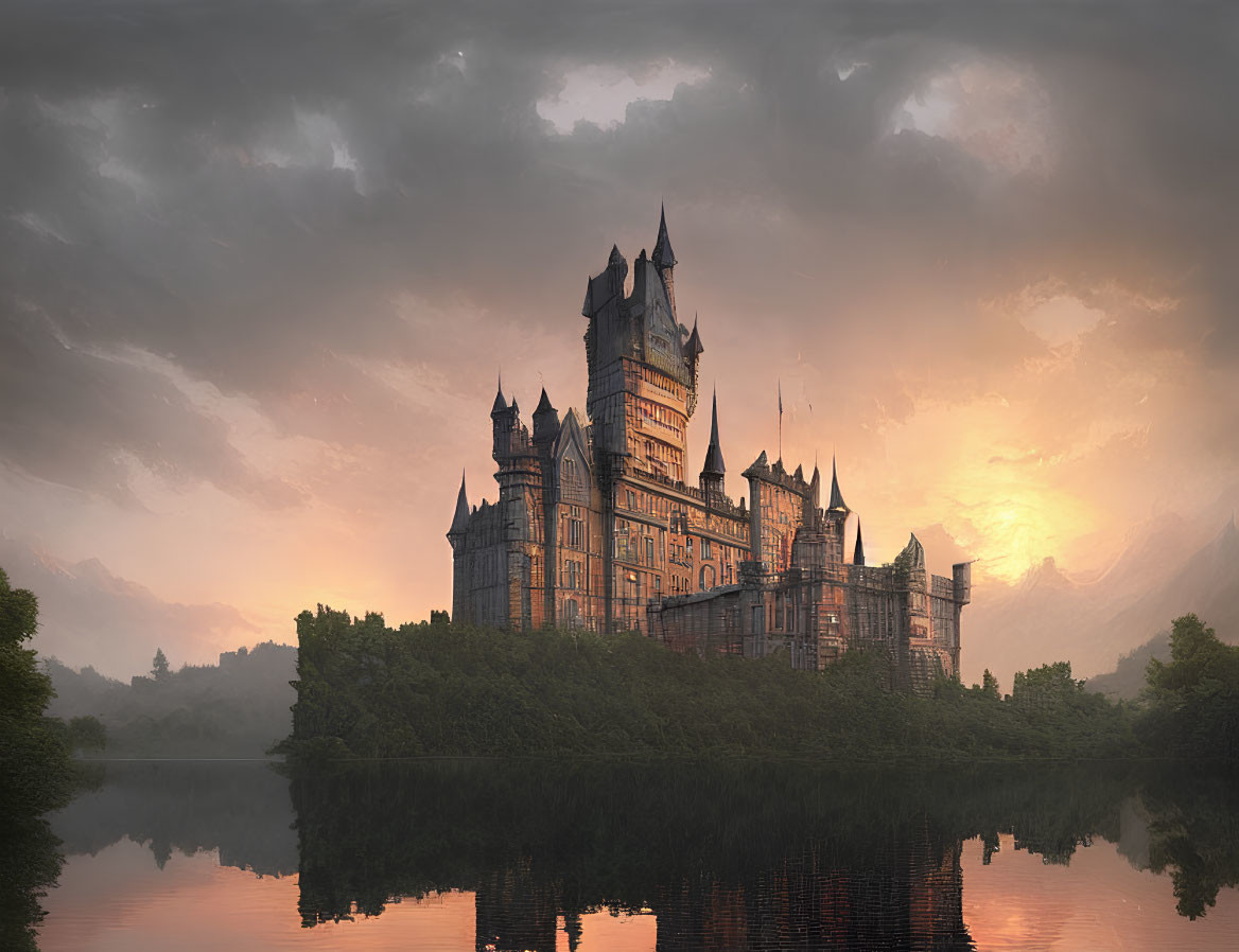 Majestic castle by tranquil lake at sunrise