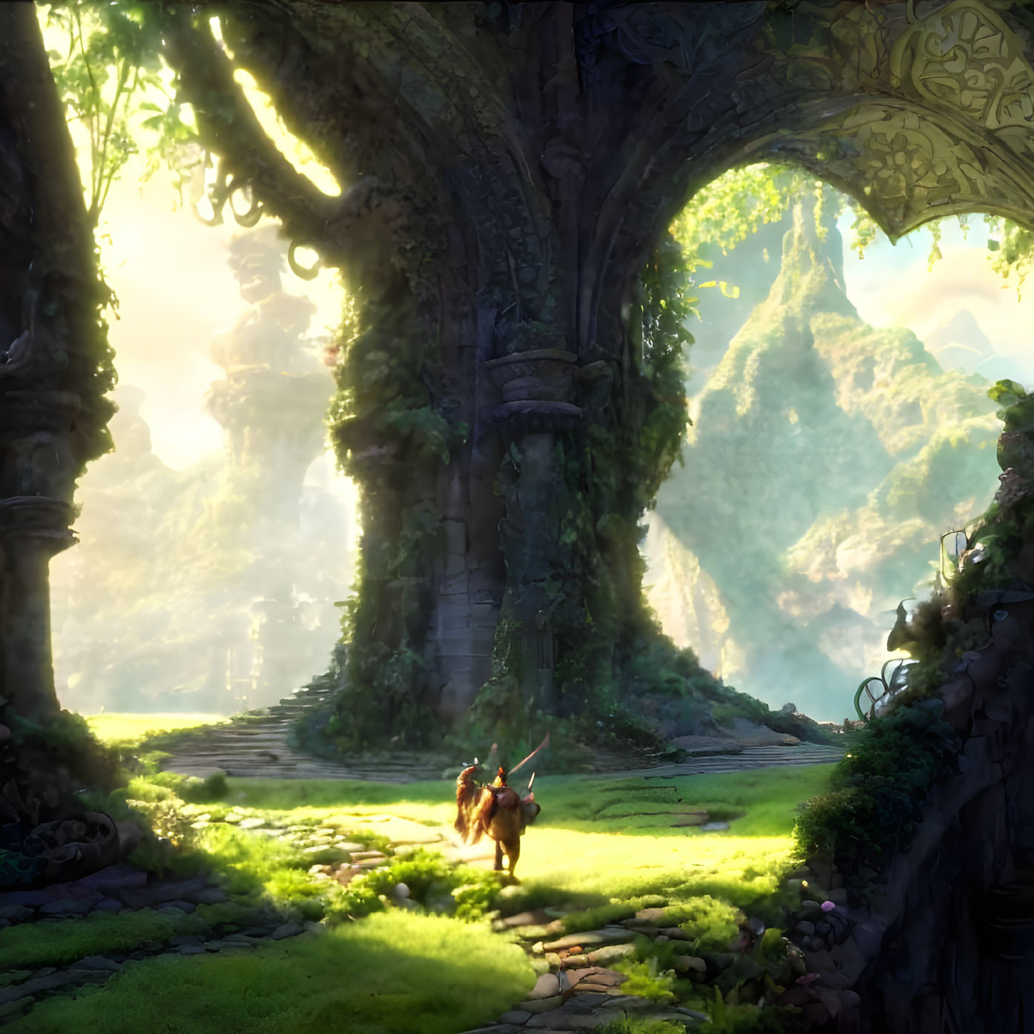 Enchanting forest scene with character, steed, and mountains in sunlight