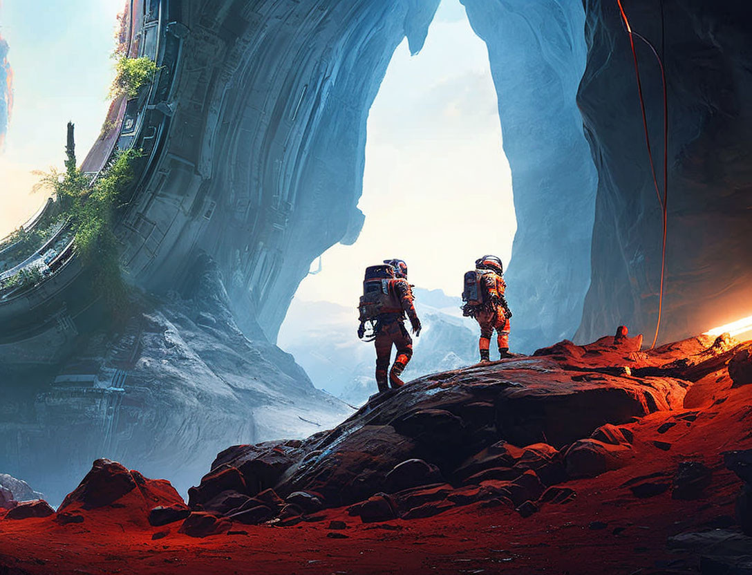 Astronauts exploring rocky alien landscape with ice formations and derelict spaceship