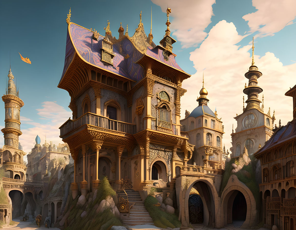Elaborate Fantasy Castle with Ornate Towers and Vibrant Blue & Gold Rooftops