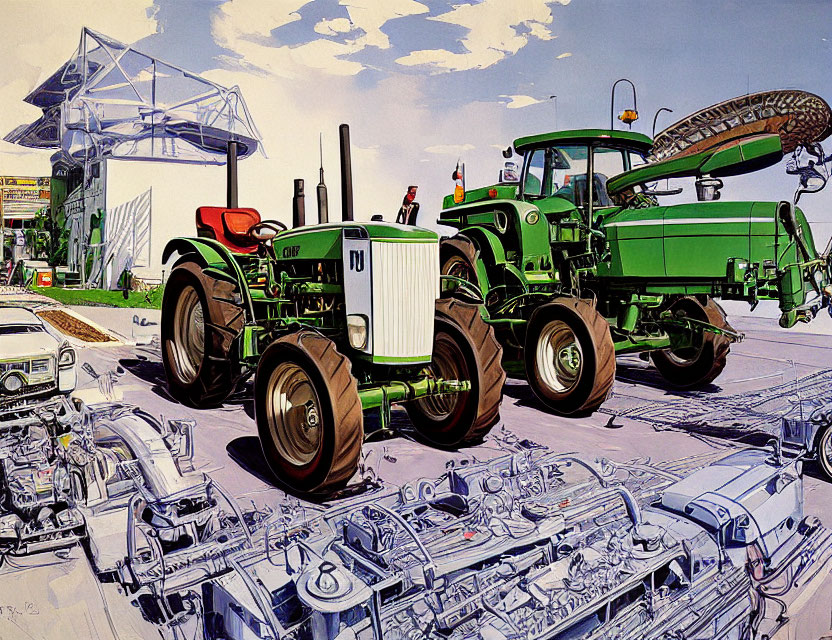 Detailed Illustration of White and Green Tractors with Mechanical Parts and Industrial Equipment