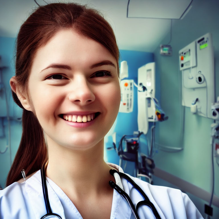 Smiling woman in medical scrubs with stethoscope in hospital room