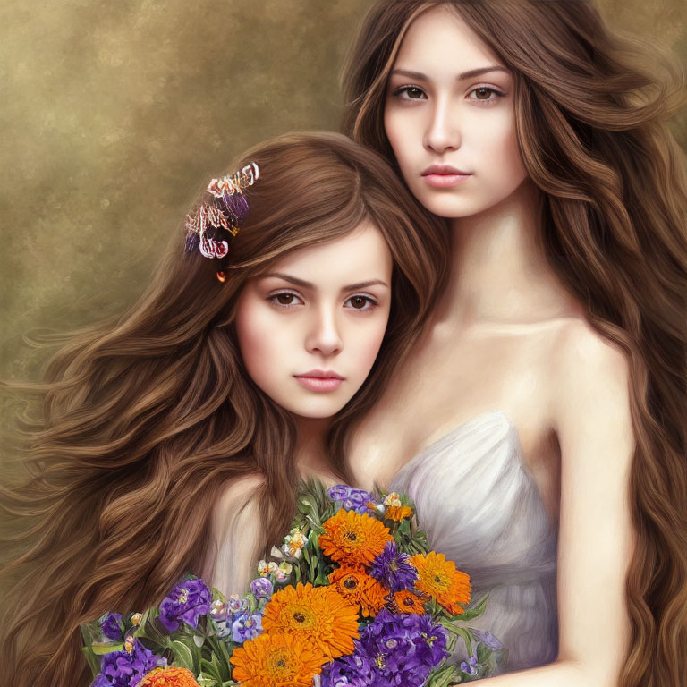 Two Women with Long Flowing Hair and Bouquet of Orange and Purple Flowers