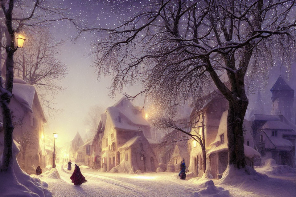 Snowy Evening in Quaint Village with People in Period Clothing