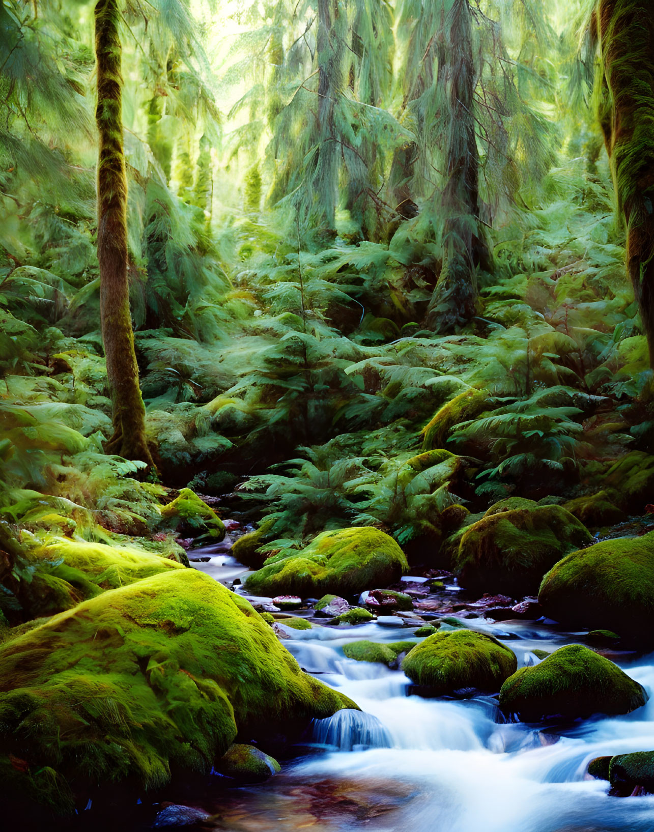 Tranquil forest scene with stream, moss-covered rocks, and lush greenery