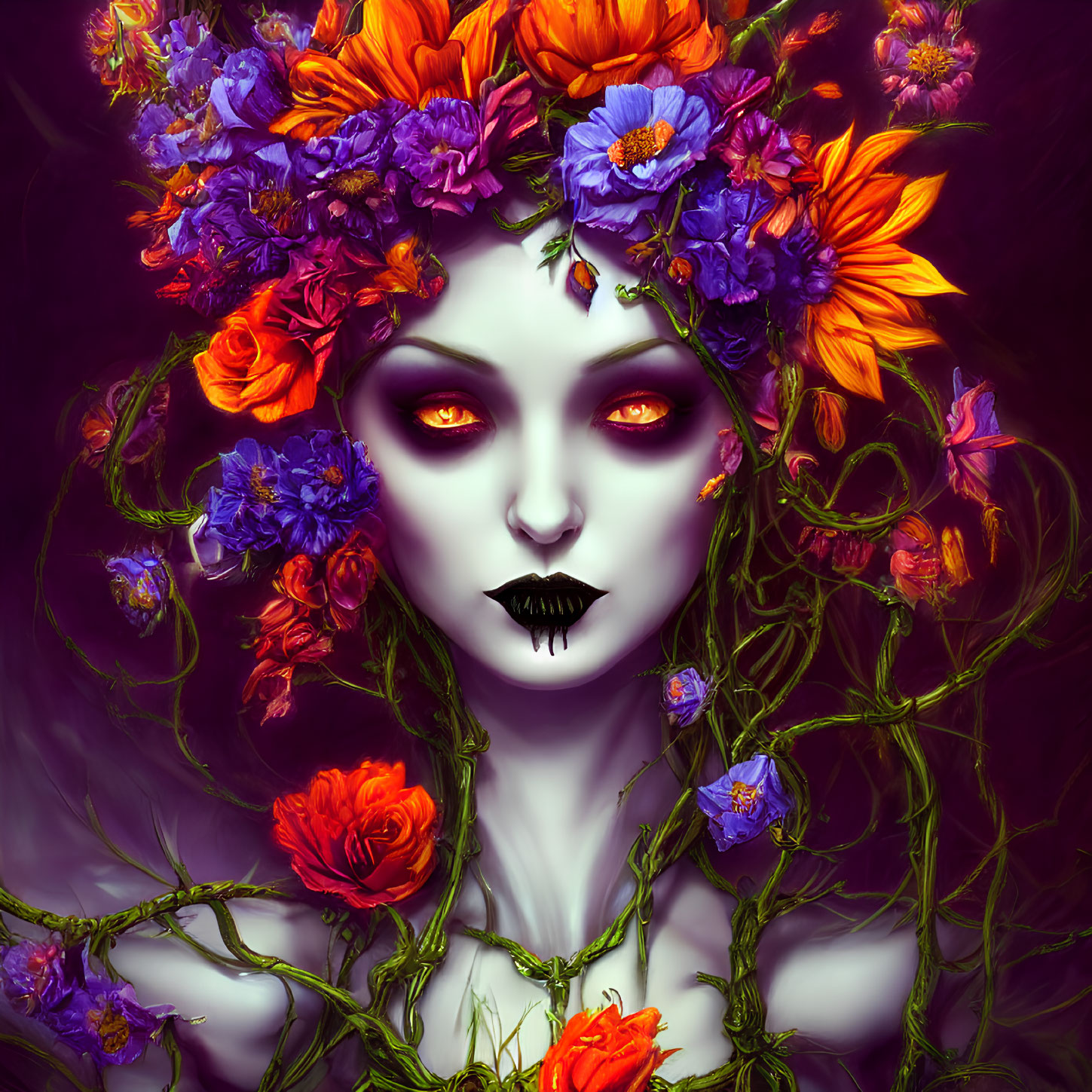 Pale-skinned female figure with fiery eyes, dark lips, and floral crown.