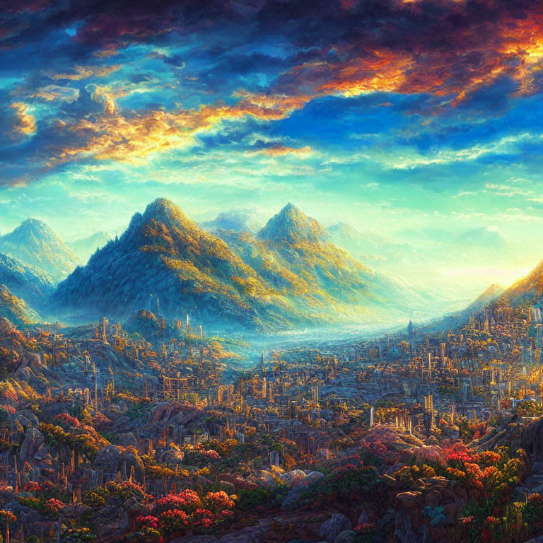 Fantastical landscape with ancient city in lush mountains