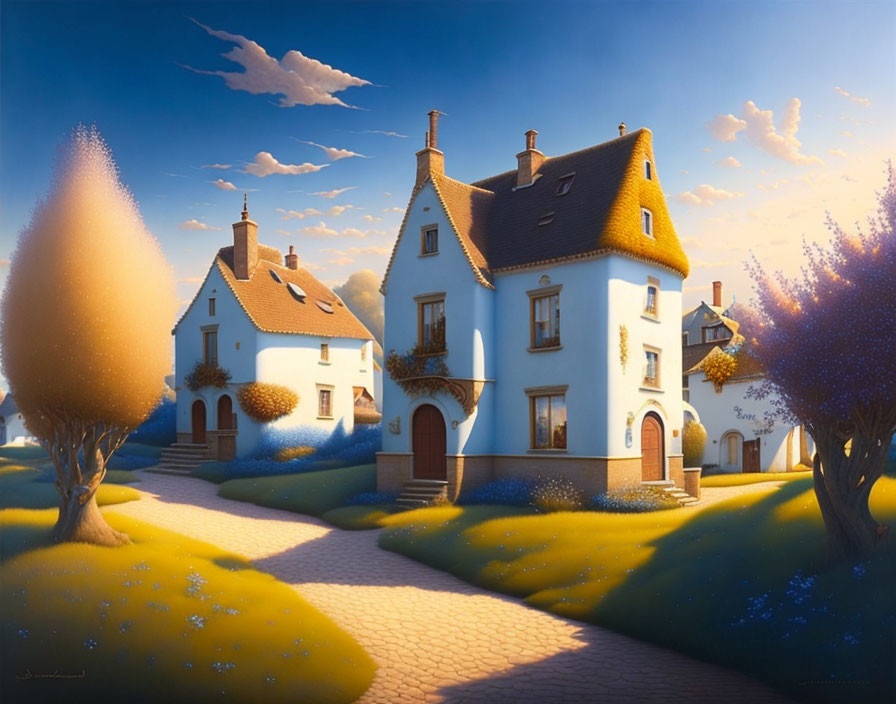 Serene village painting with rolling landscapes and dreamlike sky