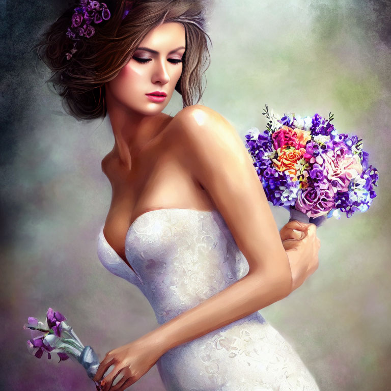 Bride in white gown with vibrant bouquet and floral hair accessories