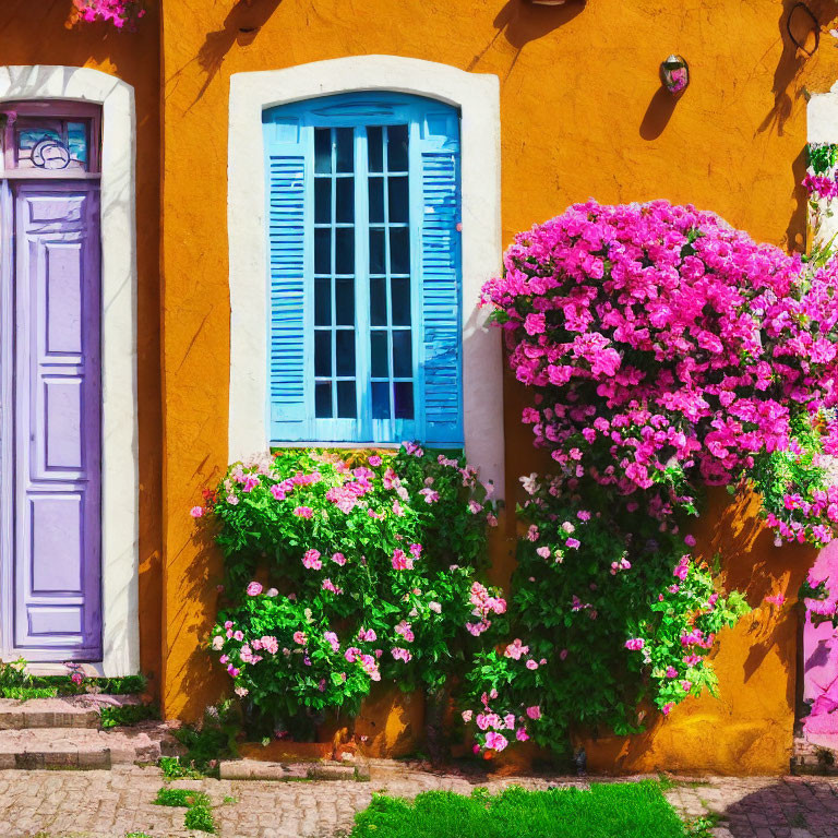 Colorful Scene: Purple Door, Blue Window, Pink Bougainvillea, Orange Wall