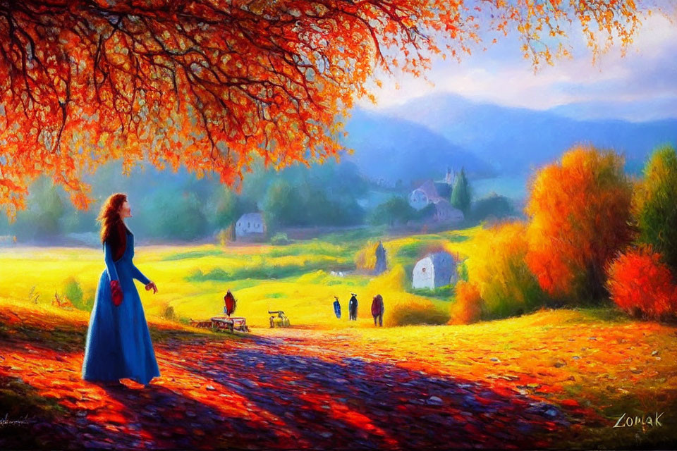 Woman in Blue Dress Under Autumn Tree in Picturesque Rural Landscape