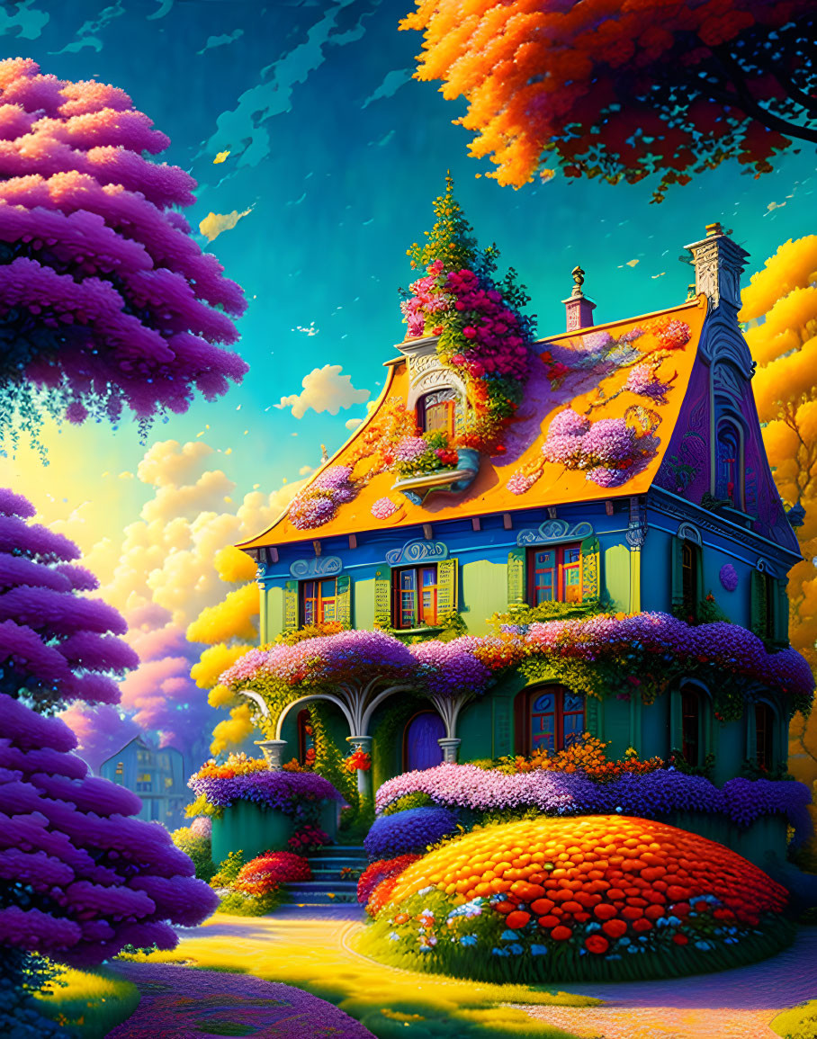 Colorful illustration: Whimsical cottage in lush, purple tree garden