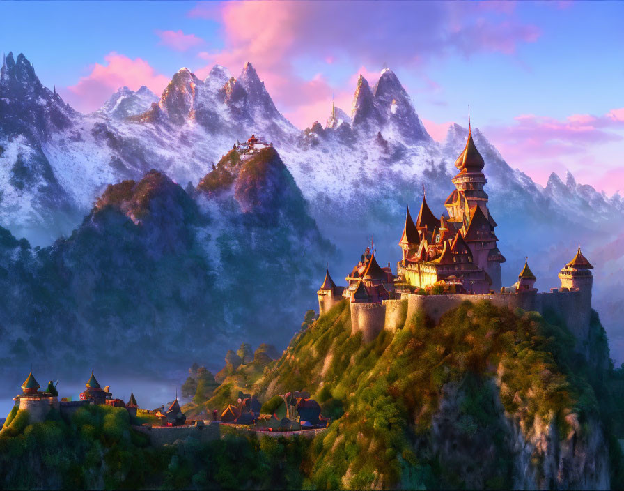 Castle on Mountain Ridge at Sunrise with Soaring Peaks