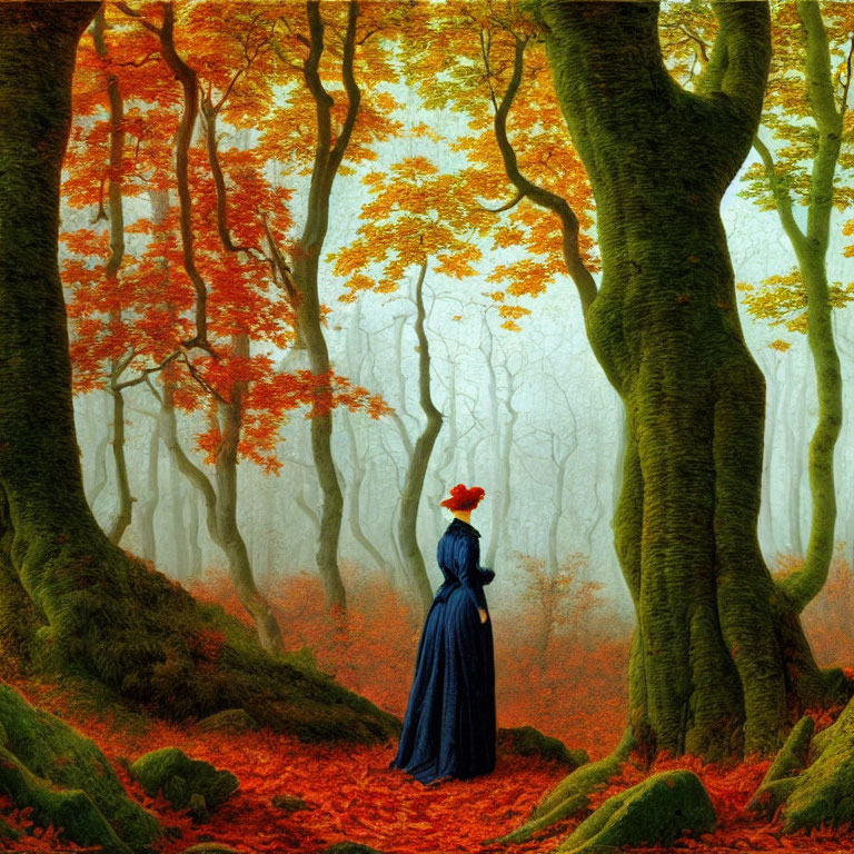 Person in Blue Dress and Red Hat in Vibrant Autumn Forest with Golden Leaves