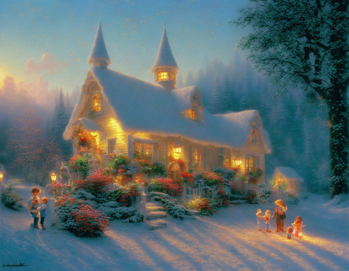 Snowy landscape with cozy cottage, children, and snowman in twilight scene