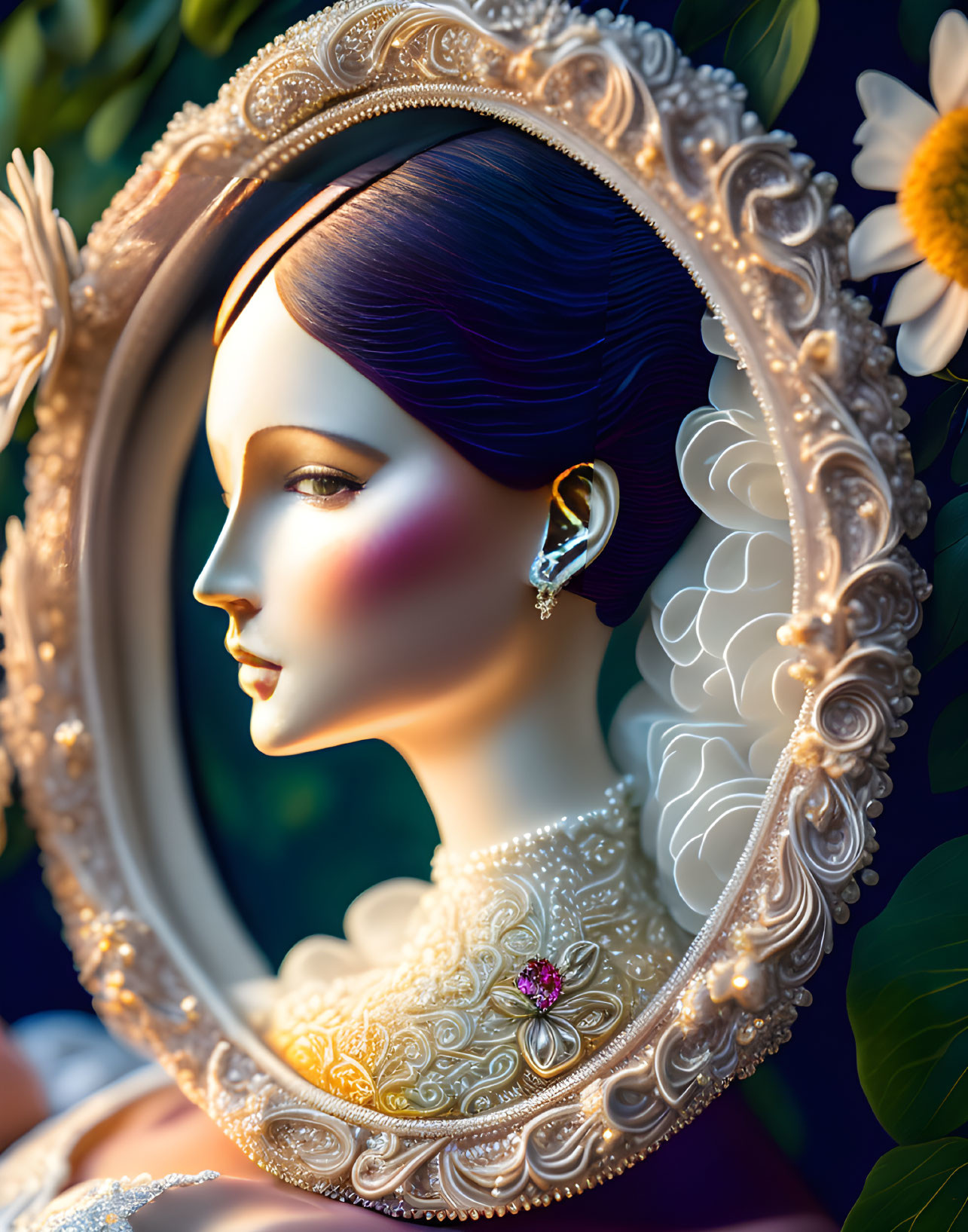 Porcelain figure reflected in ornate mirror with floral backdrop