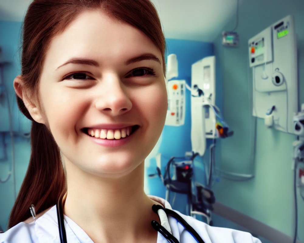 Smiling woman in medical scrubs with stethoscope in hospital room