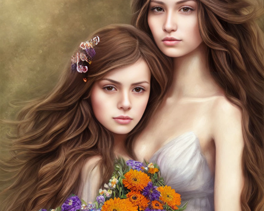 Two Women with Long Flowing Hair and Bouquet of Orange and Purple Flowers