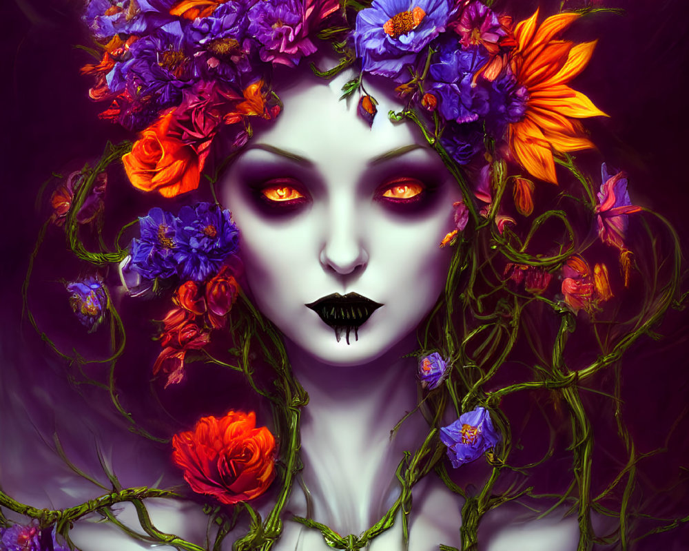 Pale-skinned female figure with fiery eyes, dark lips, and floral crown.