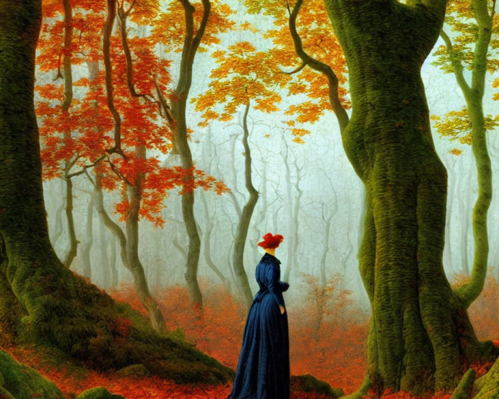 Person in Blue Dress and Red Hat in Vibrant Autumn Forest with Golden Leaves