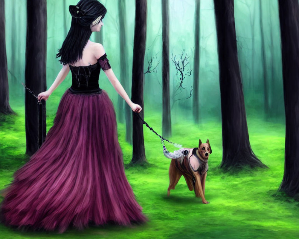 Woman in burgundy dress walks dogs in misty forest.