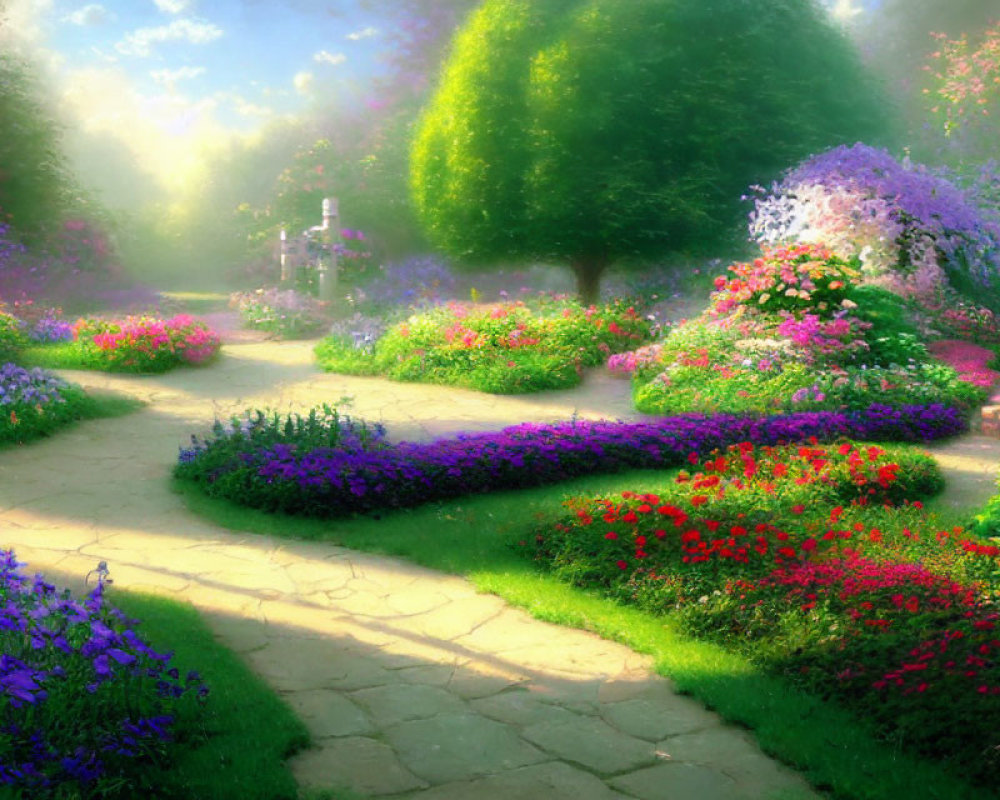 Tranquil Garden with Vibrant Flowers and Winding Pathways