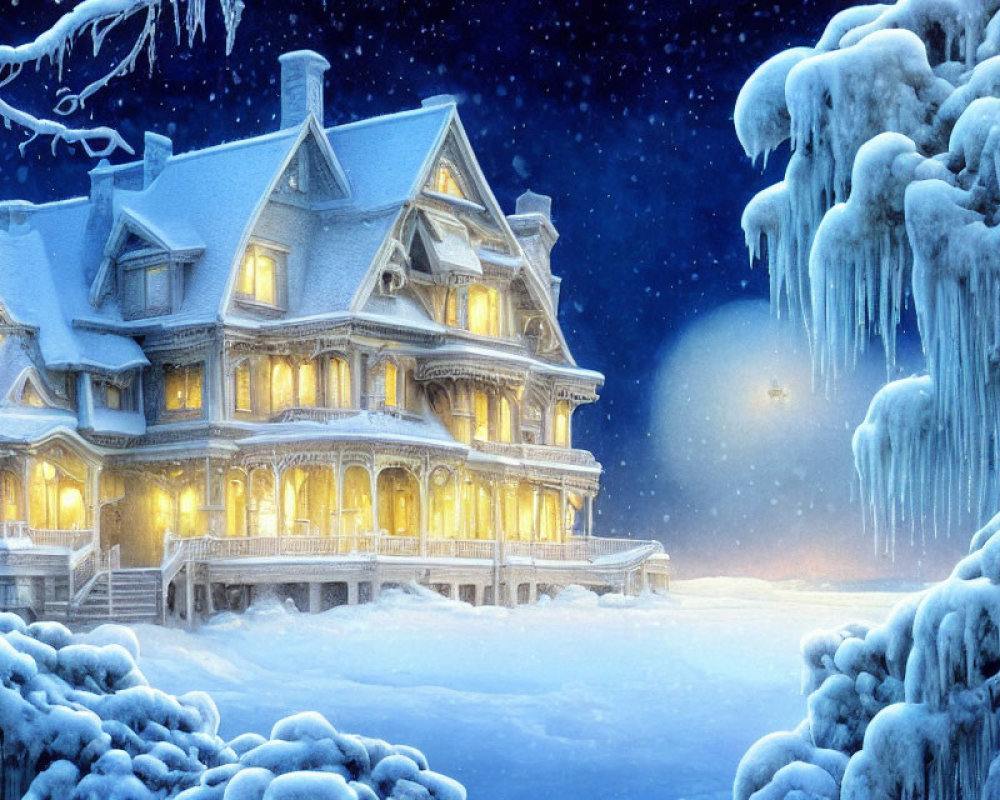 Victorian house in snow with icicles on trees at night