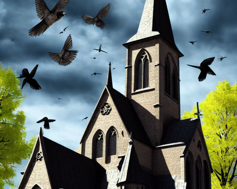 Gothic Church Steeples Under Stormy Sky with Flying Birds and Yellow-Tinged Trees