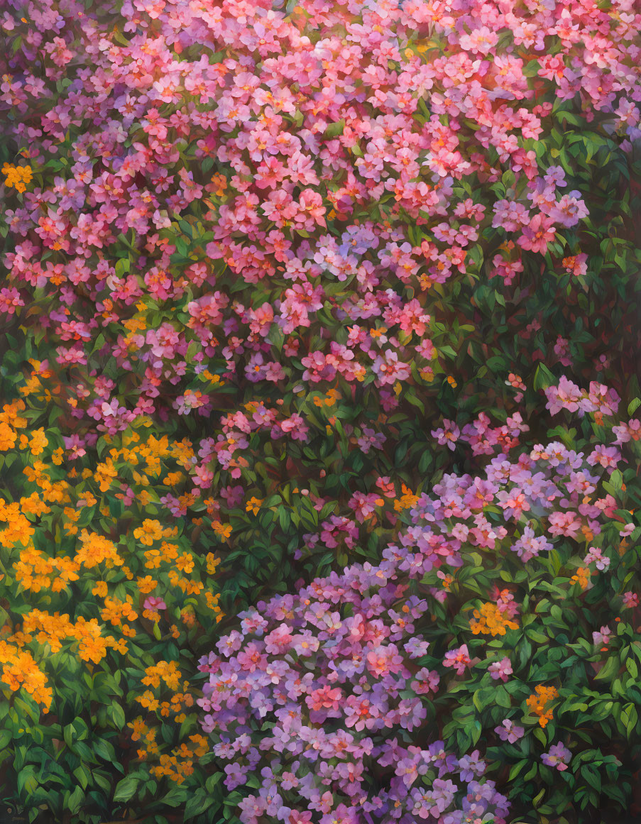 Colorful floral arrangement with pink, purple, and yellow flowers in lush green setting.