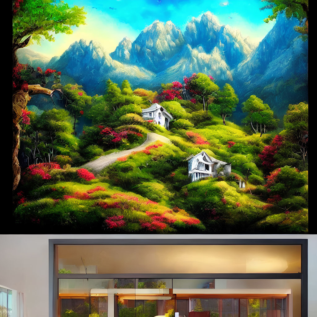 Colorful Landscape Painting with Mountains, Flora, and Houses on Shelf