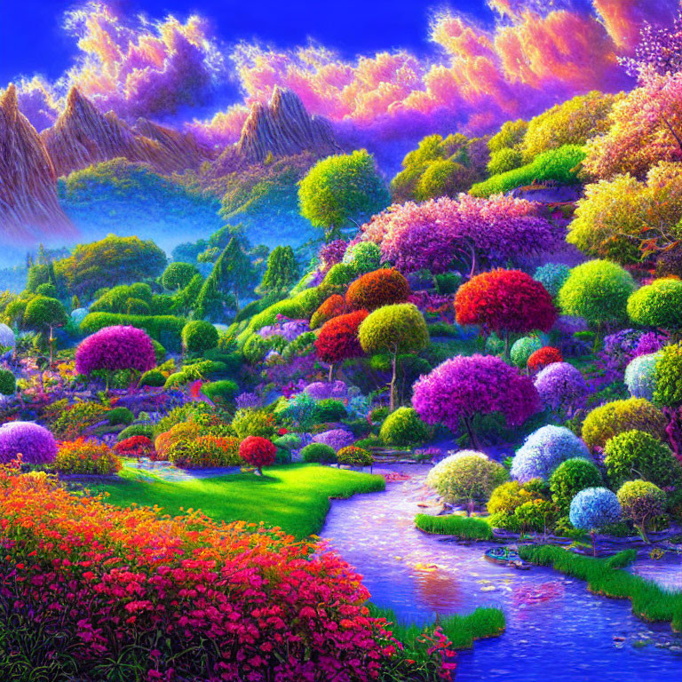 Colorful Landscape with Gardens, River, Mountains, and Sunset Sky