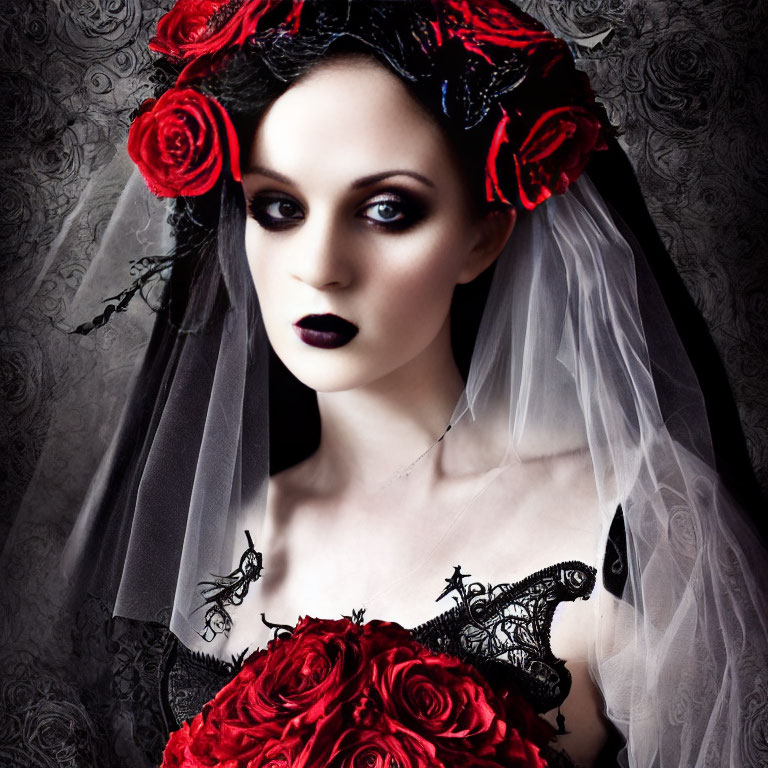 Portrait of woman with pale skin, dark makeup, floral headpiece, red rose dress against grey background